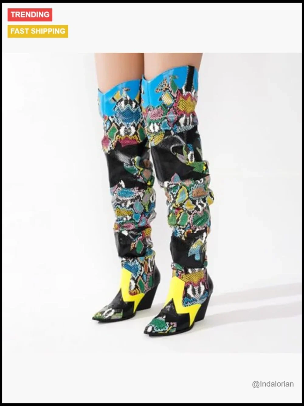 Thigh High Cowboy Boots - Faux Snakeskin Chunky Heel Western Booties